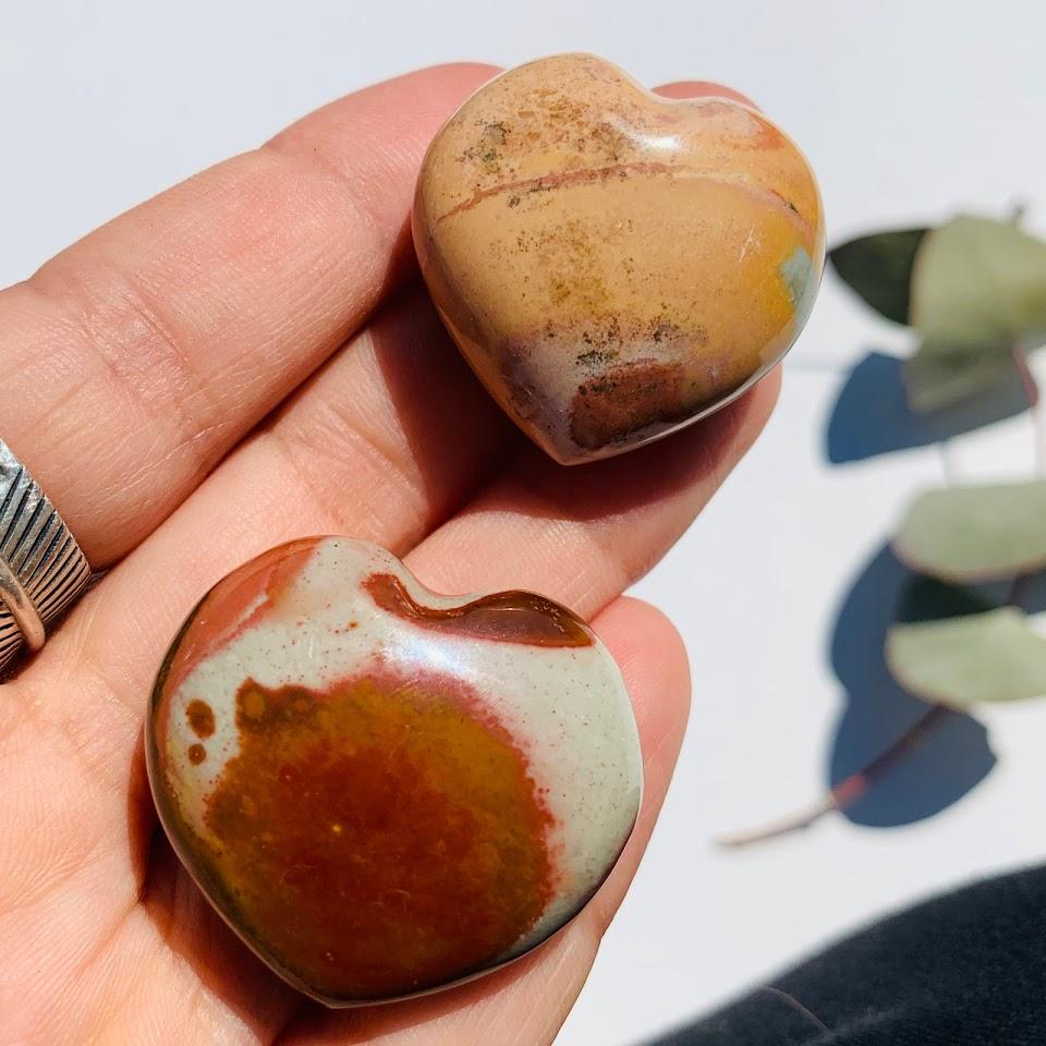 Set of 2 Creamy Swirls Polychrome Jasper Hand Held Heart Carvings