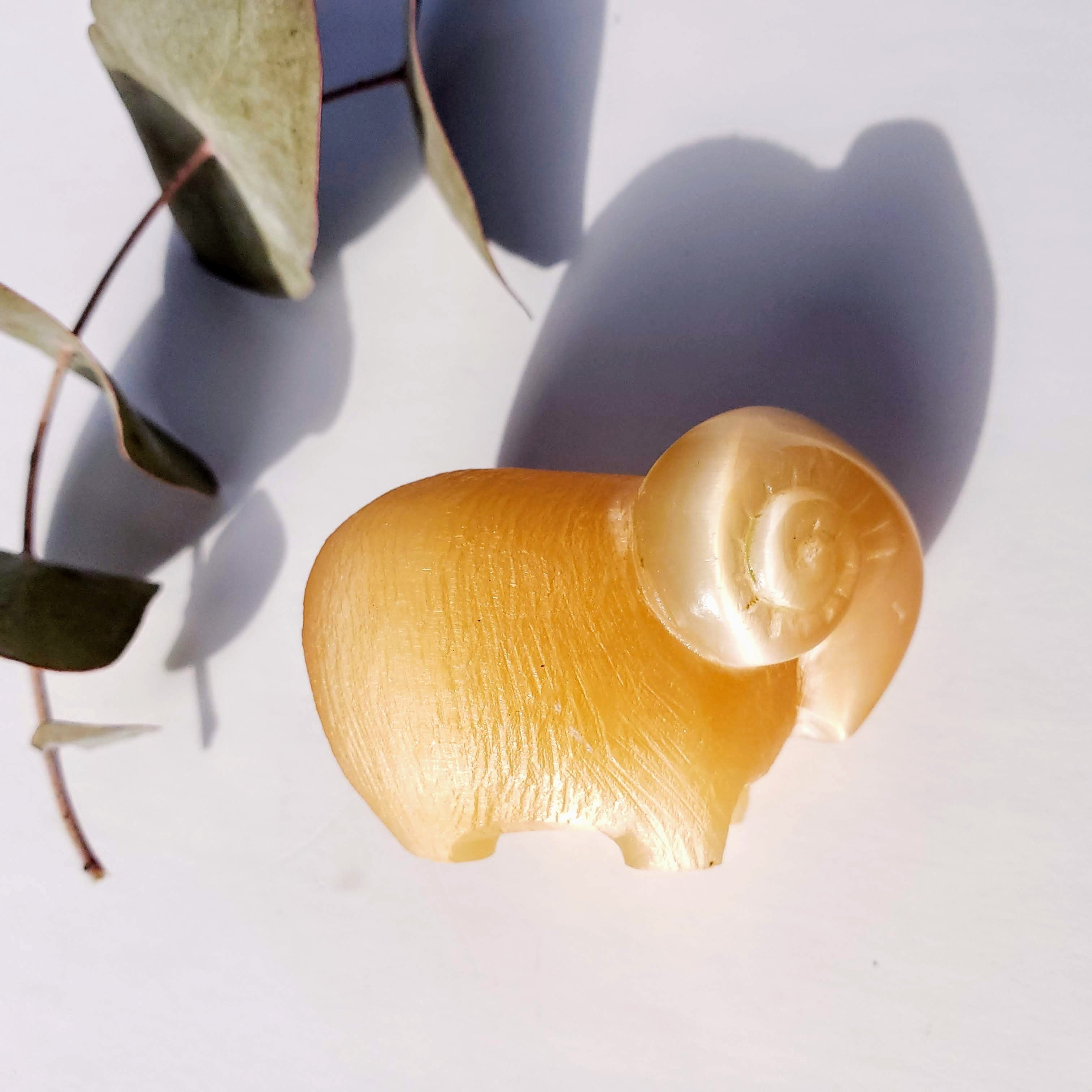 Cute Vintage Orange Selenite Ram Carving - Earth Family Crystals