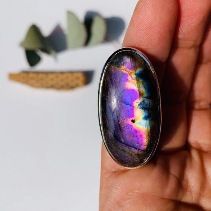 Chunky & Rare Silky Purple Labradorite Gemstone Ring in Sterling Silver (Size 10) - Earth Family Crystals
