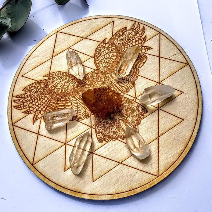 Crystal Mandala Set -Includes Owl Sri Yantra Birch Wood Board, Natural Golden Spirit Quartz & 6 Golden Healer Quartz Points - Earth Family Crystals