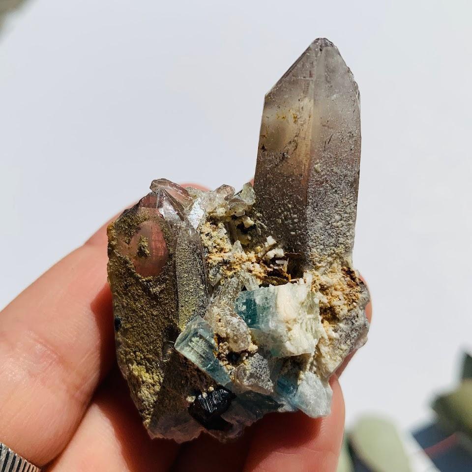 Blue Aquamarine Smoky Quartz & Black Tourmaline Cluster From Brazil - Earth Family Crystals