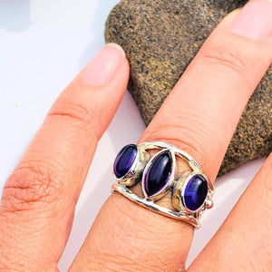 Three Purple Gemstones Purple Amethyst Sterling Silver Ring (Size 6) - Earth Family Crystals