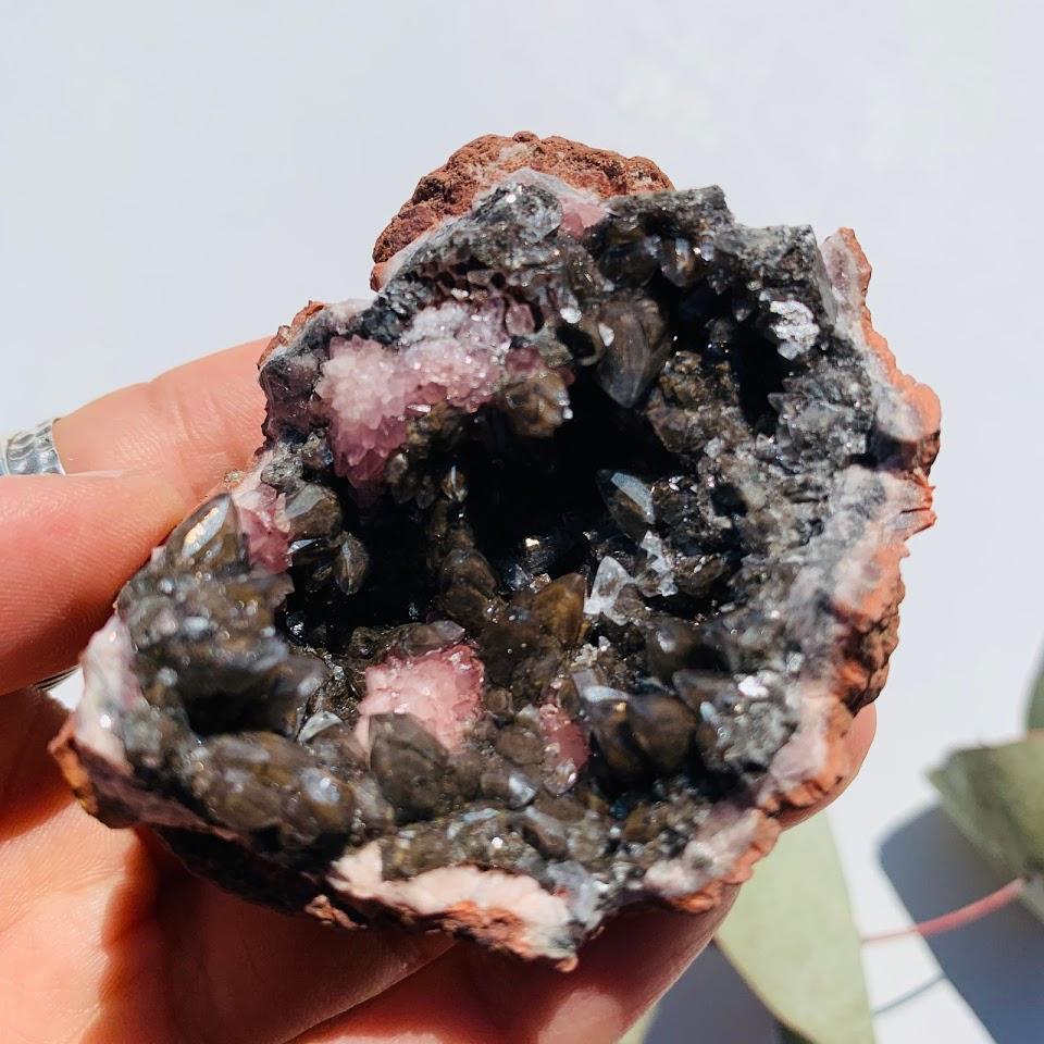 One of a Kind Pink Amethyst & Black Stellar Beam Calcite Geode From Patagonia