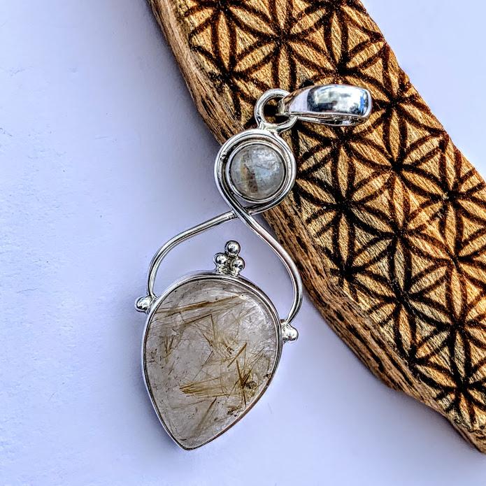 Golden Rutilated Quartz & Rainbow Moonstone Pendant in Sterling Silver (Includes Silver Chain) #1 - Earth Family Crystals