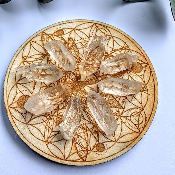 Crystal Mandala Set- 8 Golden Healer Mini Points & Mini Dragonfly Flower of Life Birch Wood Board - Earth Family Crystals