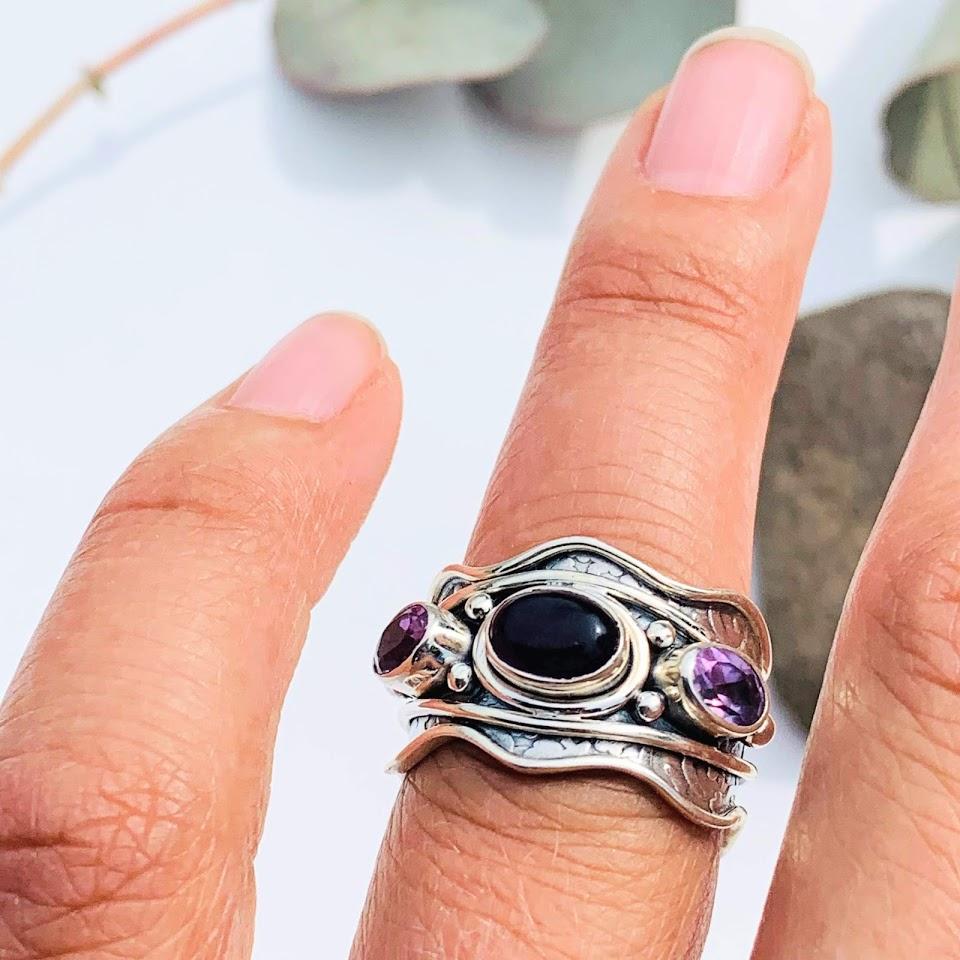 Faceted & Deep Purple Amethyst Sterling Silver Ring (Size 6) Adjustable - Earth Family Crystals