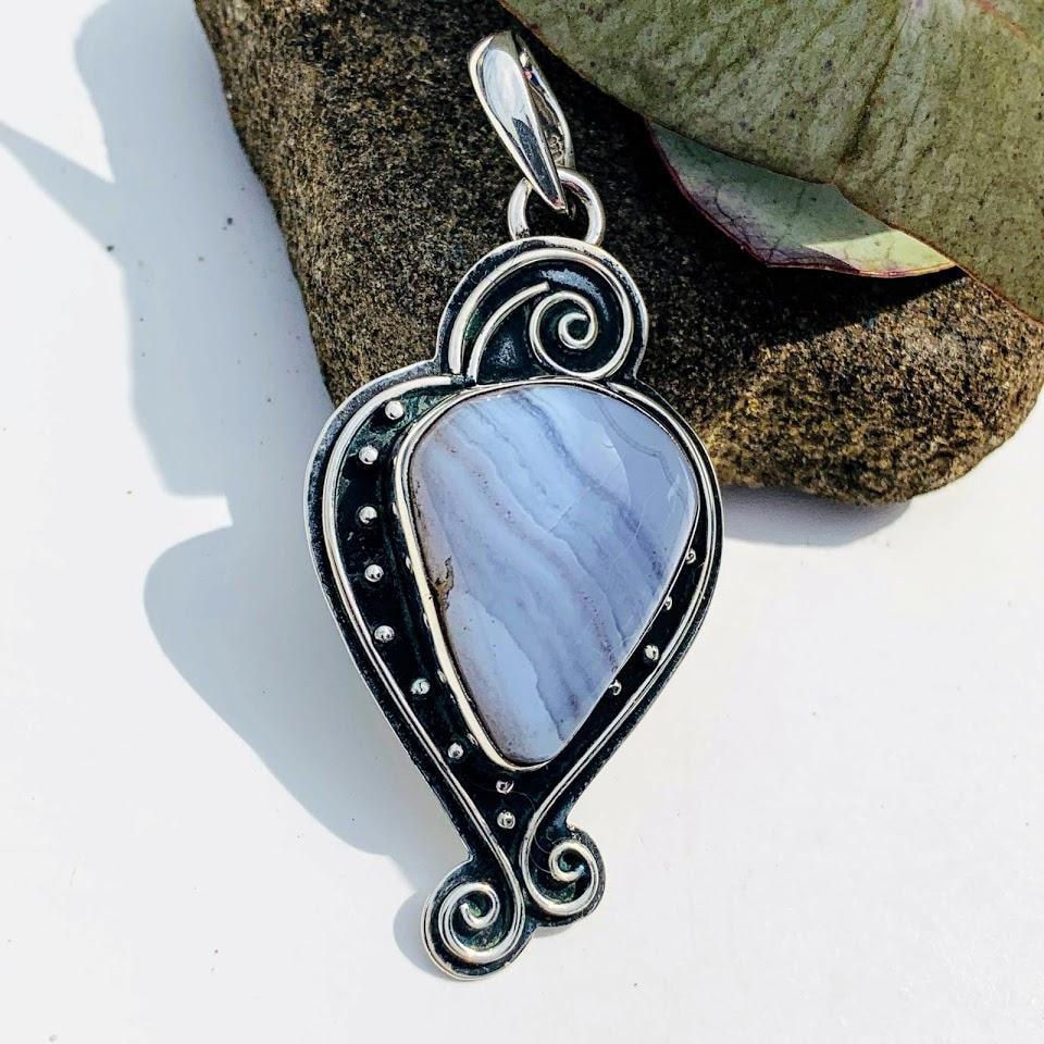 Creamy Blue Lace Agate Elegant  Sterling Silver Pendant (Includes Silver Chain) - Earth Family Crystals
