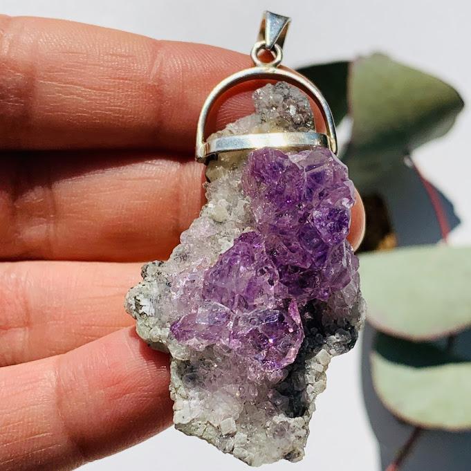 Breathtaking Gemmy Raw Lavender Amethyst Flower on Matrix Sterling Silver Pendant (Includes Silver Chain) - Earth Family Crystals