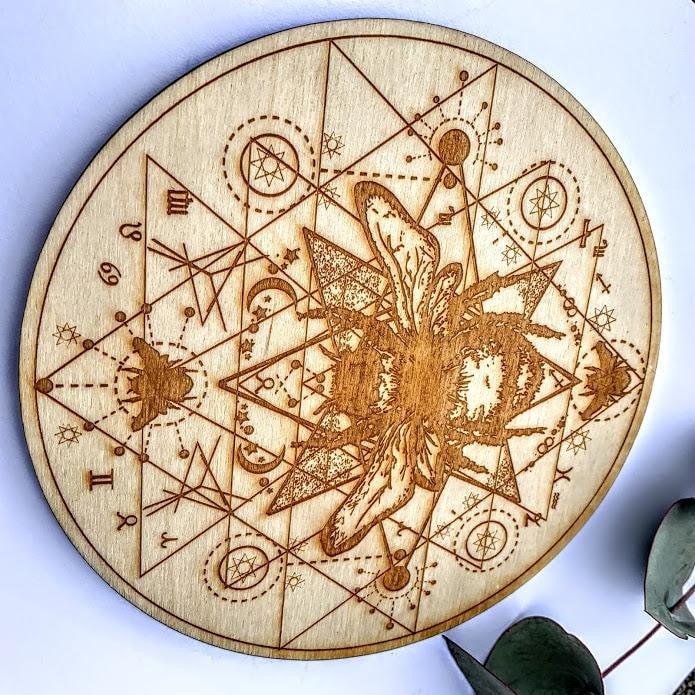 Crystal Mandala Set -Includes Honey Bee Sri Yantra Birch Wood Board, Natural Golden Spirit Quartz & 6 Golden Healer Quartz Points - Earth Family Crystals