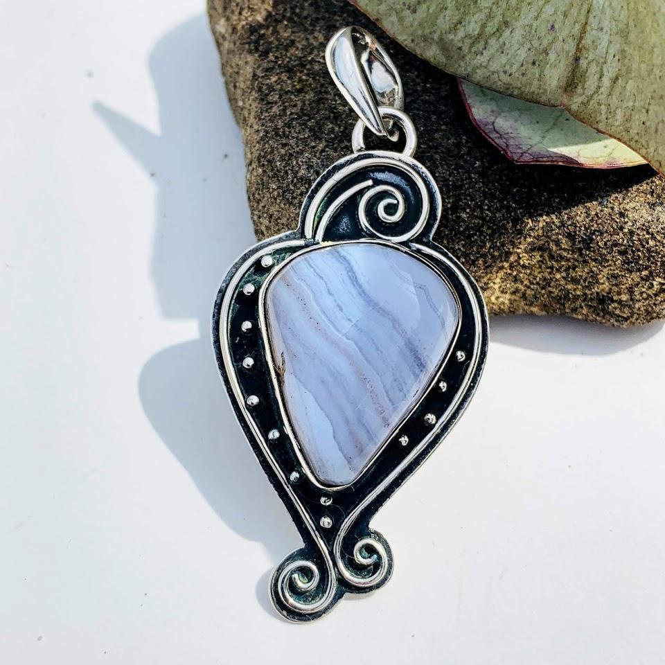 Creamy Blue Lace Agate Elegant  Sterling Silver Pendant (Includes Silver Chain) - Earth Family Crystals