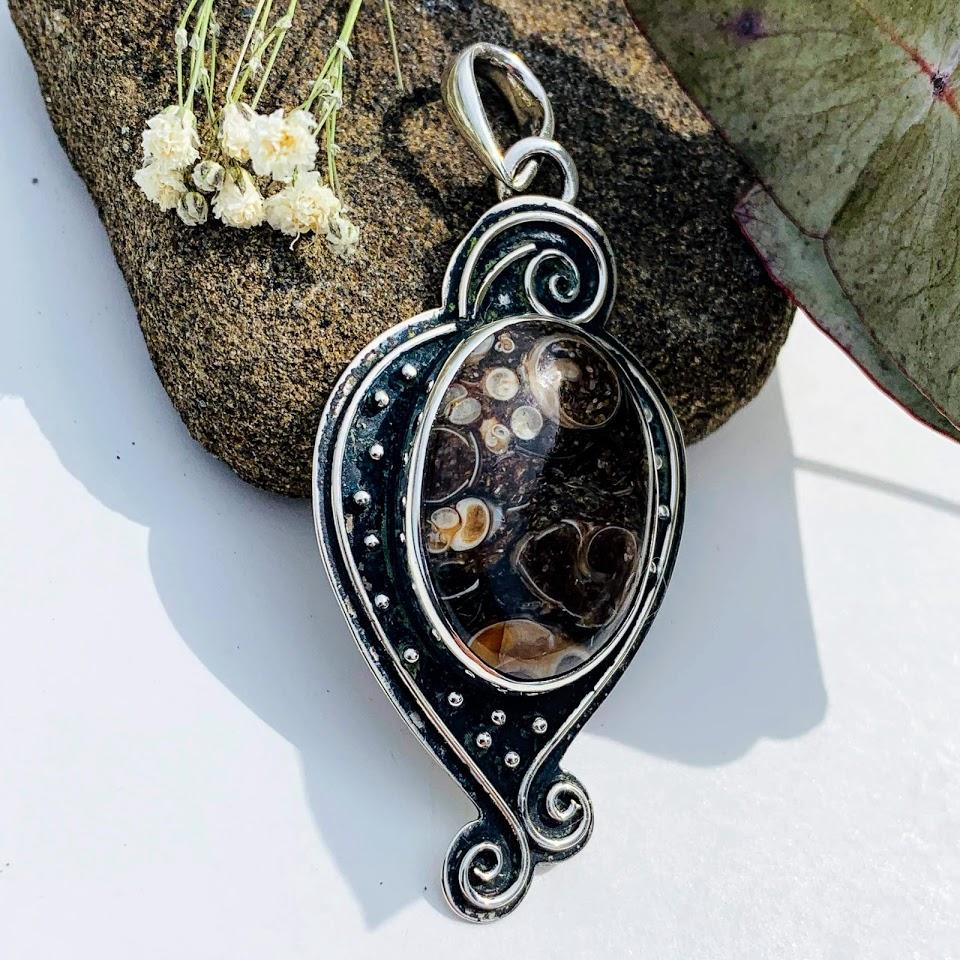 Unique Turritella Fossil Brown Beauty Elegant Sterling Silver Pendant (Includes Silver Chain) - Earth Family Crystals