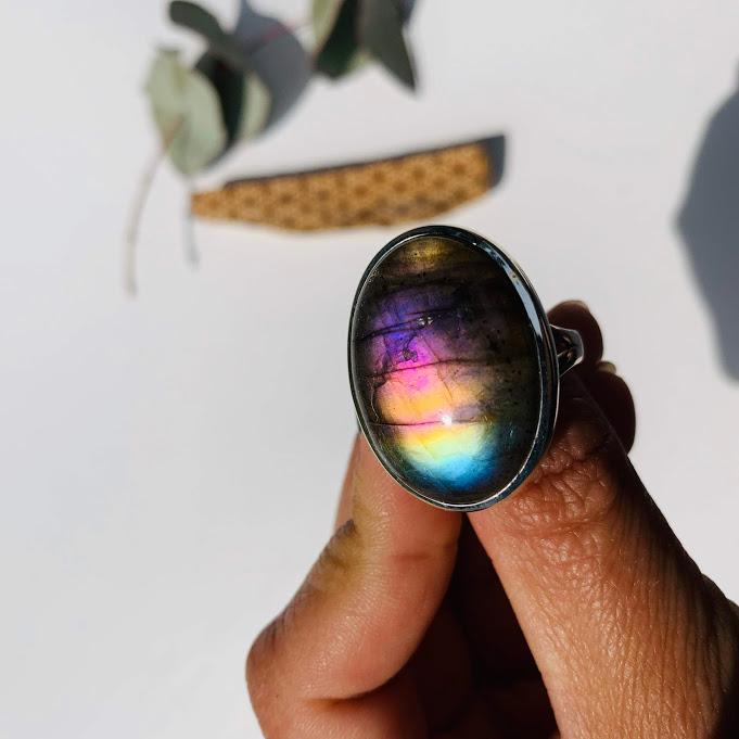 Pink, Purple & Rainbow Flash Labradorite Ring in Sterling Silver (Size 8.5) - Earth Family Crystals