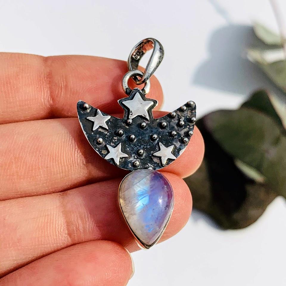 Trendy Crescent Moon & Stars Rainbow Moonstone Oxidized Sterling Silver Pendant (Includes Silver Chain) - Earth Family Crystals