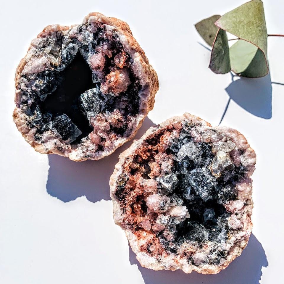 Complete Geode Set of 2 Matching Halves~Pink Amethyst With Black & Clear Calcite Inclusions From Patagonia - Earth Family Crystals