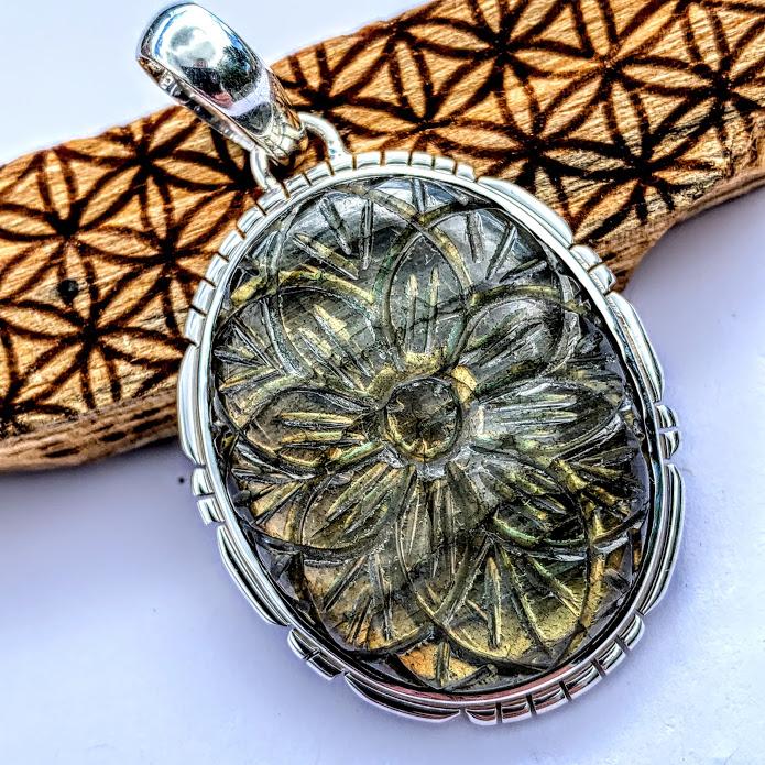 Fabulous Flower Carved Large Labradorite Pendant in Sterling Silver (Includes Silver Chain) #2 - Earth Family Crystals