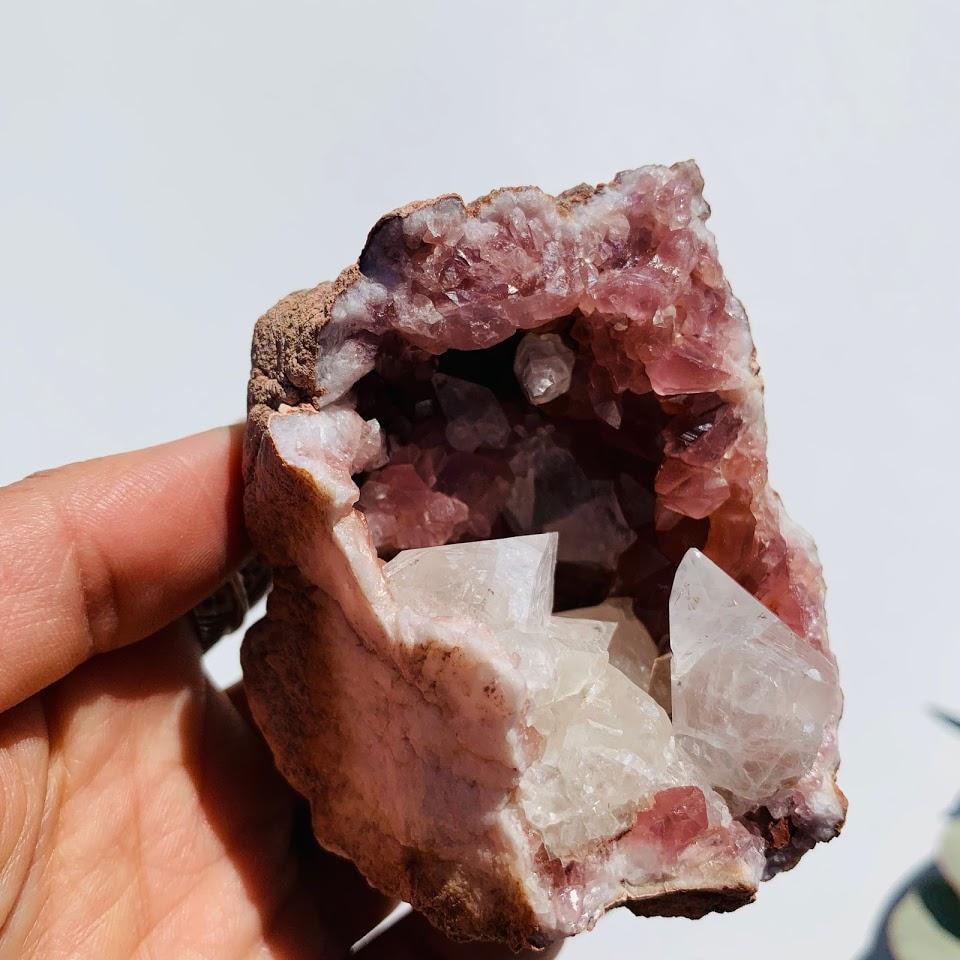 Deep Magenta Pink Amethyst & Clear Stellar Beam Calcite Included Geode from Patagonia - Earth Family Crystals