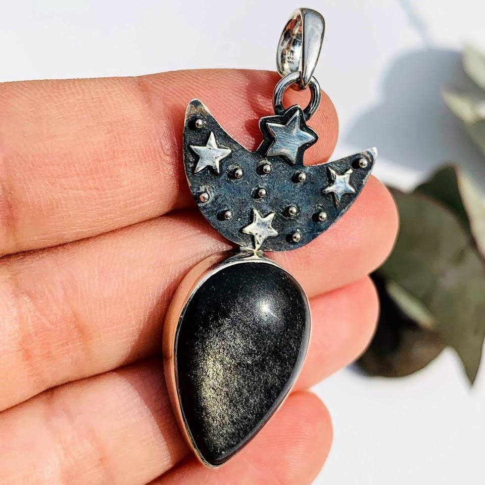 Trendy Crescent Moon & Stars Golden Sheen Obsidian Oxidized Sterling Silver Pendant (Includes Silver Chain) - Earth Family Crystals