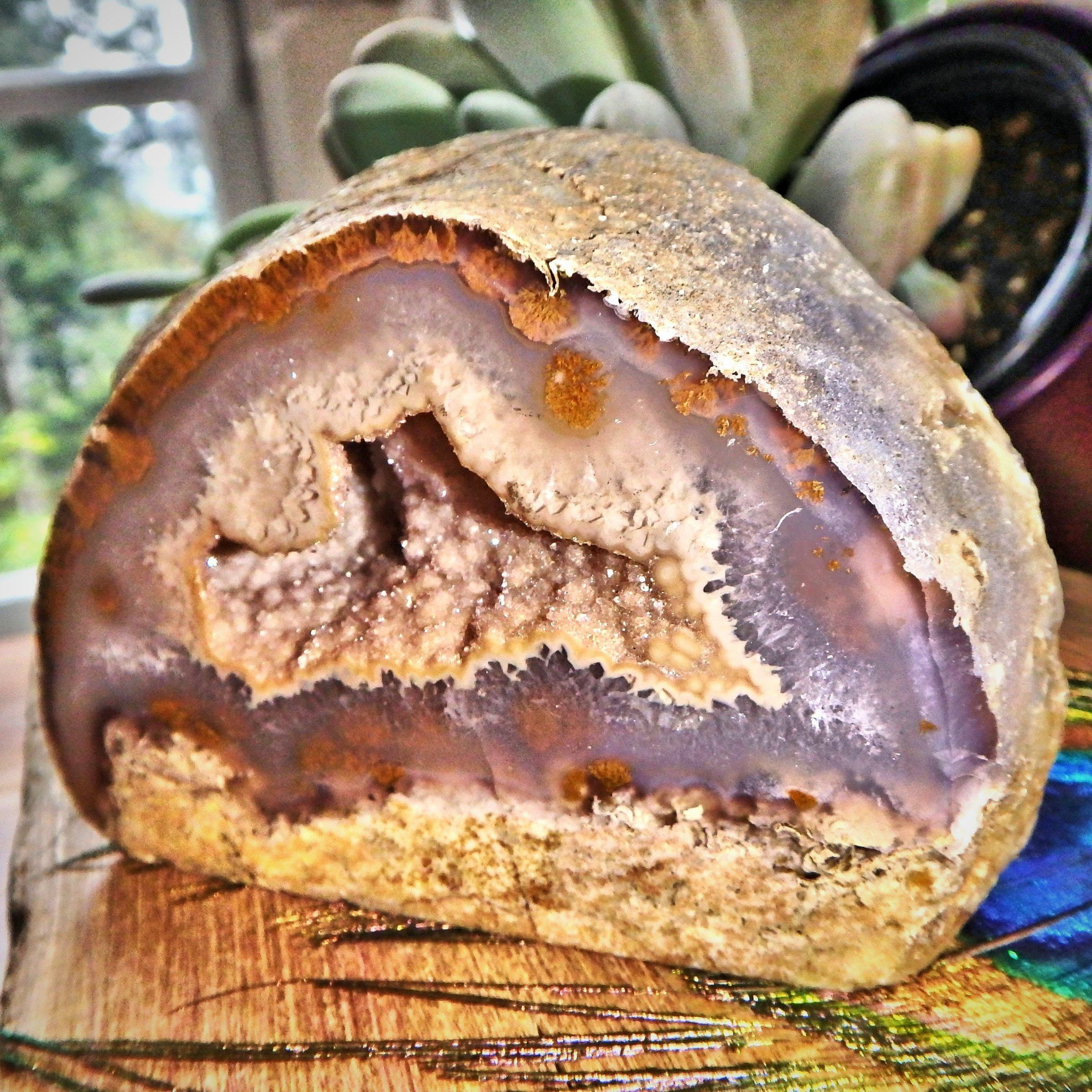 Double Sided Smoky Druzy Caves Agate Standing Partially Polished Specimen From Brazil - Earth Family Crystals