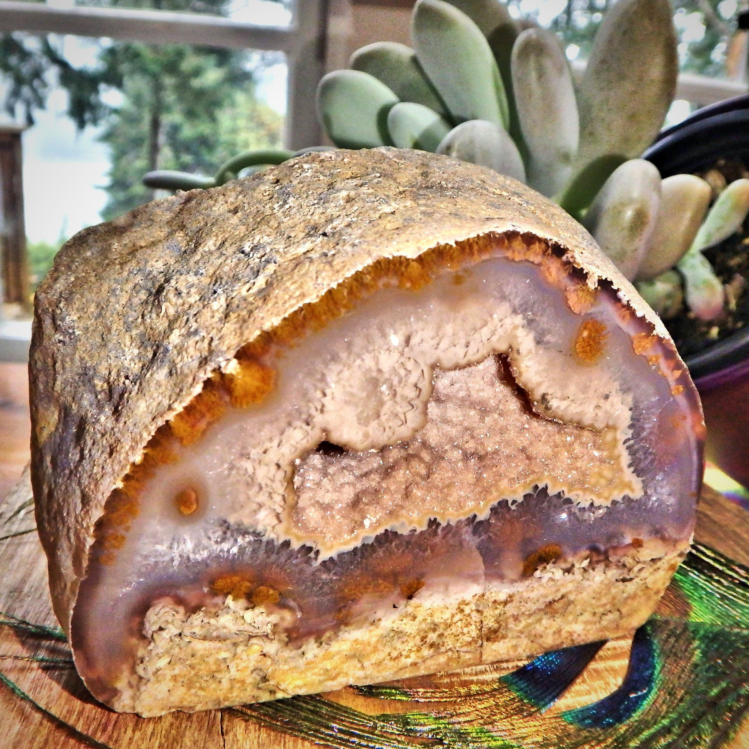 Double Sided Smoky Druzy Caves Agate Standing Partially Polished Specimen From Brazil - Earth Family Crystals