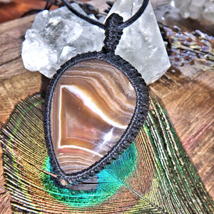 Swirls of Brown Chunky Agate Handmade Macrame Pendant on Adjustable Cotton Cord - Earth Family Crystals