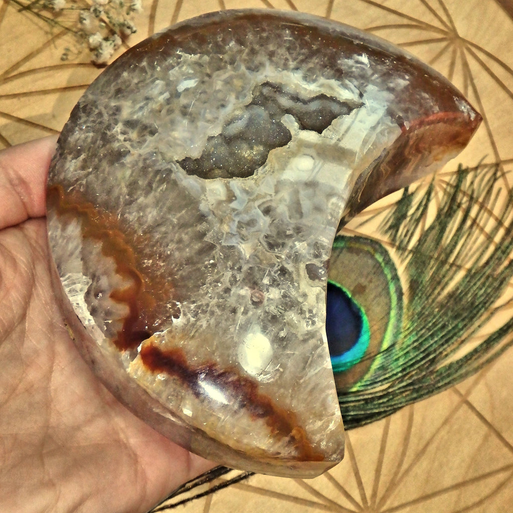Exquisite XL Sparkling Galaxy Agate Geode Crescent Moon Display Carving - Earth Family Crystals