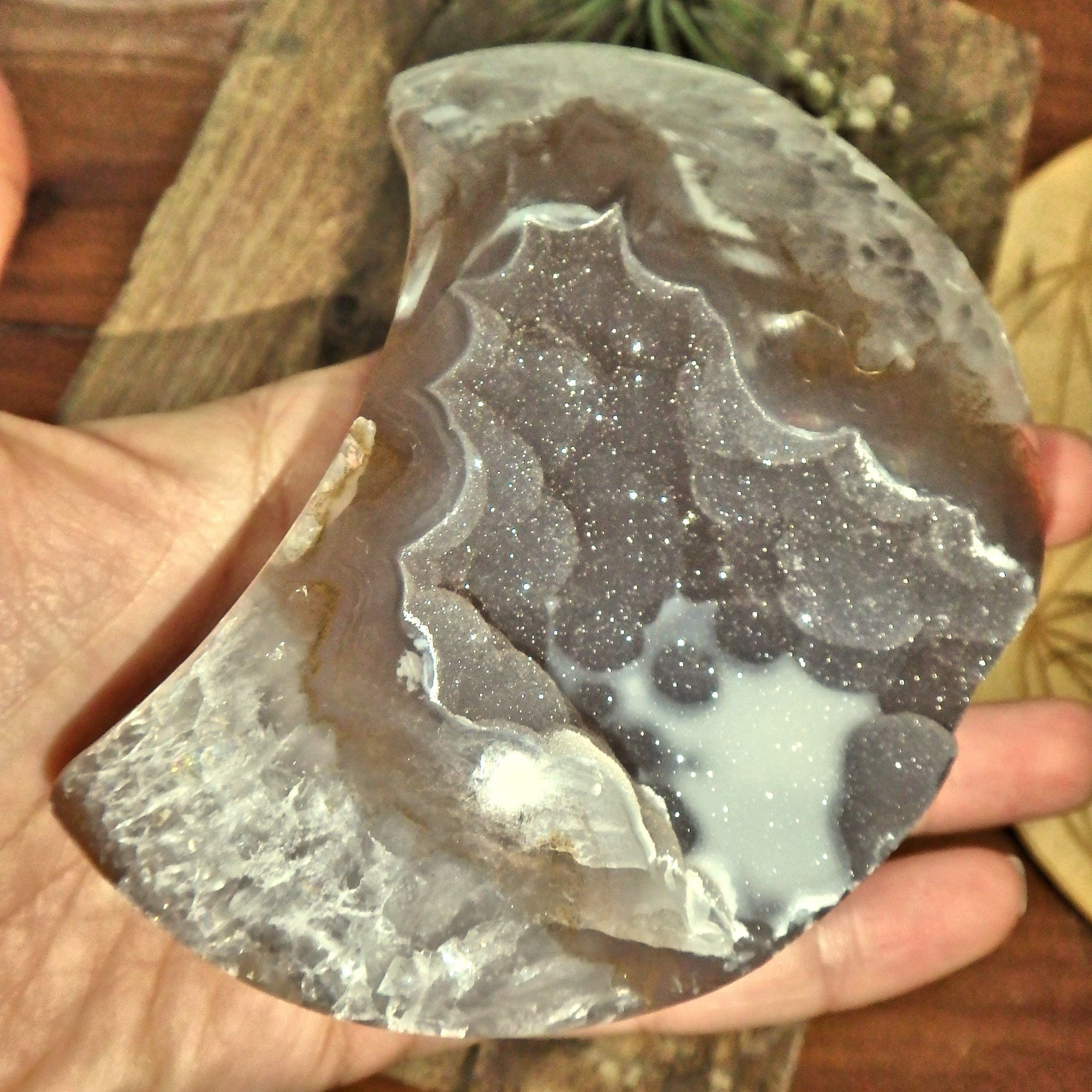 Breathtaking Large Sparkling Galaxy Agate Geode Crescent Moon Display Carving - Earth Family Crystals