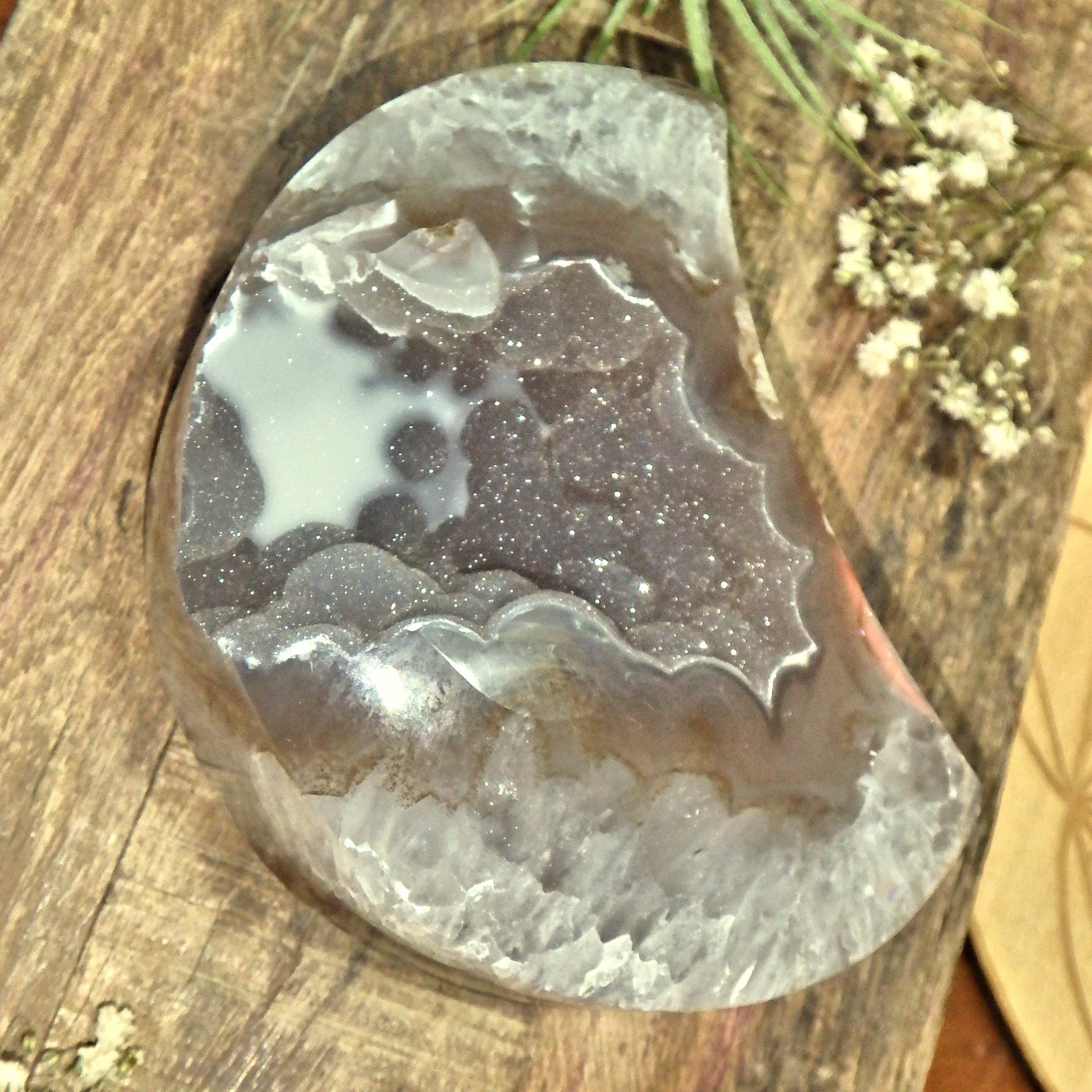 Breathtaking Large Sparkling Galaxy Agate Geode Crescent Moon Display Carving - Earth Family Crystals