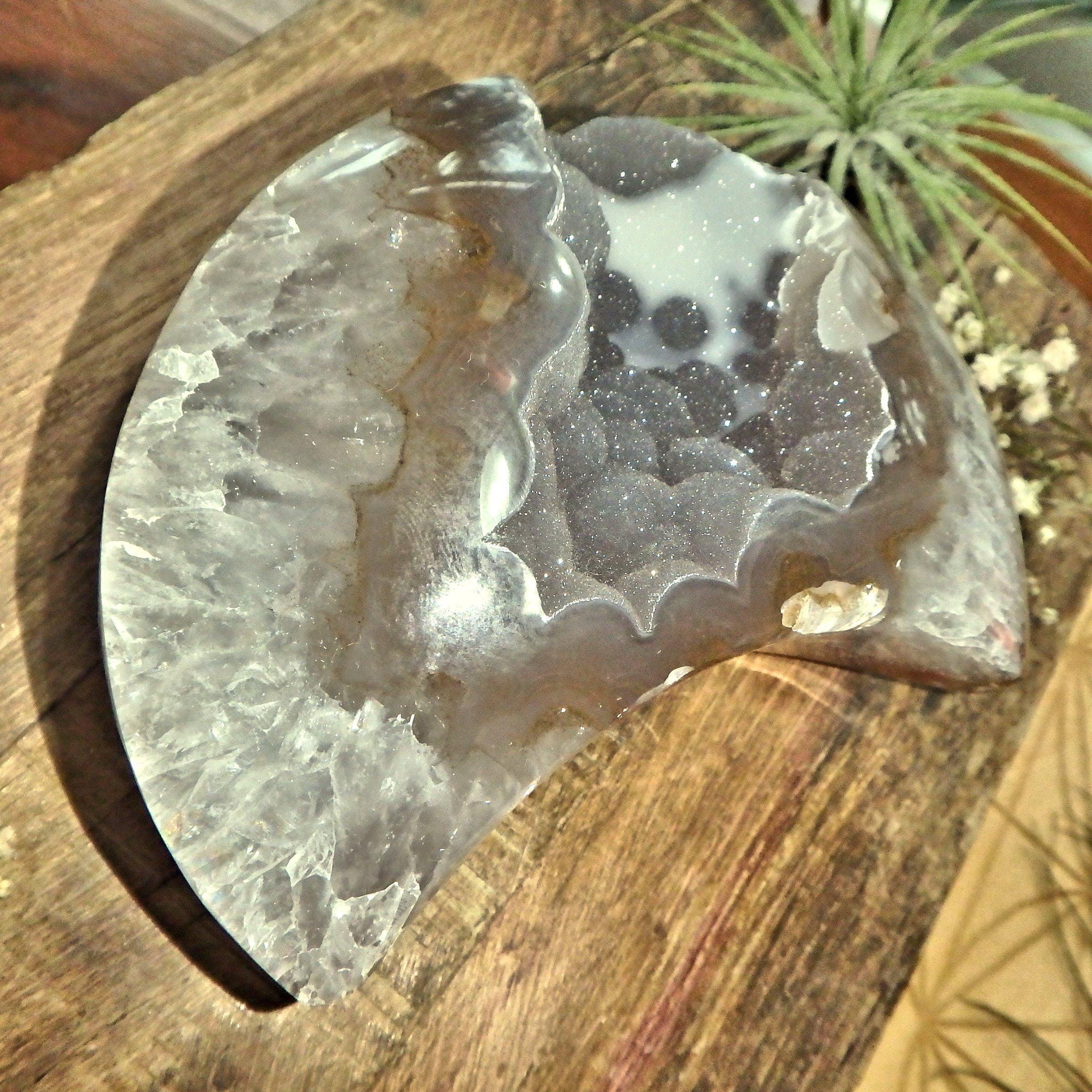 Breathtaking Large Sparkling Galaxy Agate Geode Crescent Moon Display Carving - Earth Family Crystals
