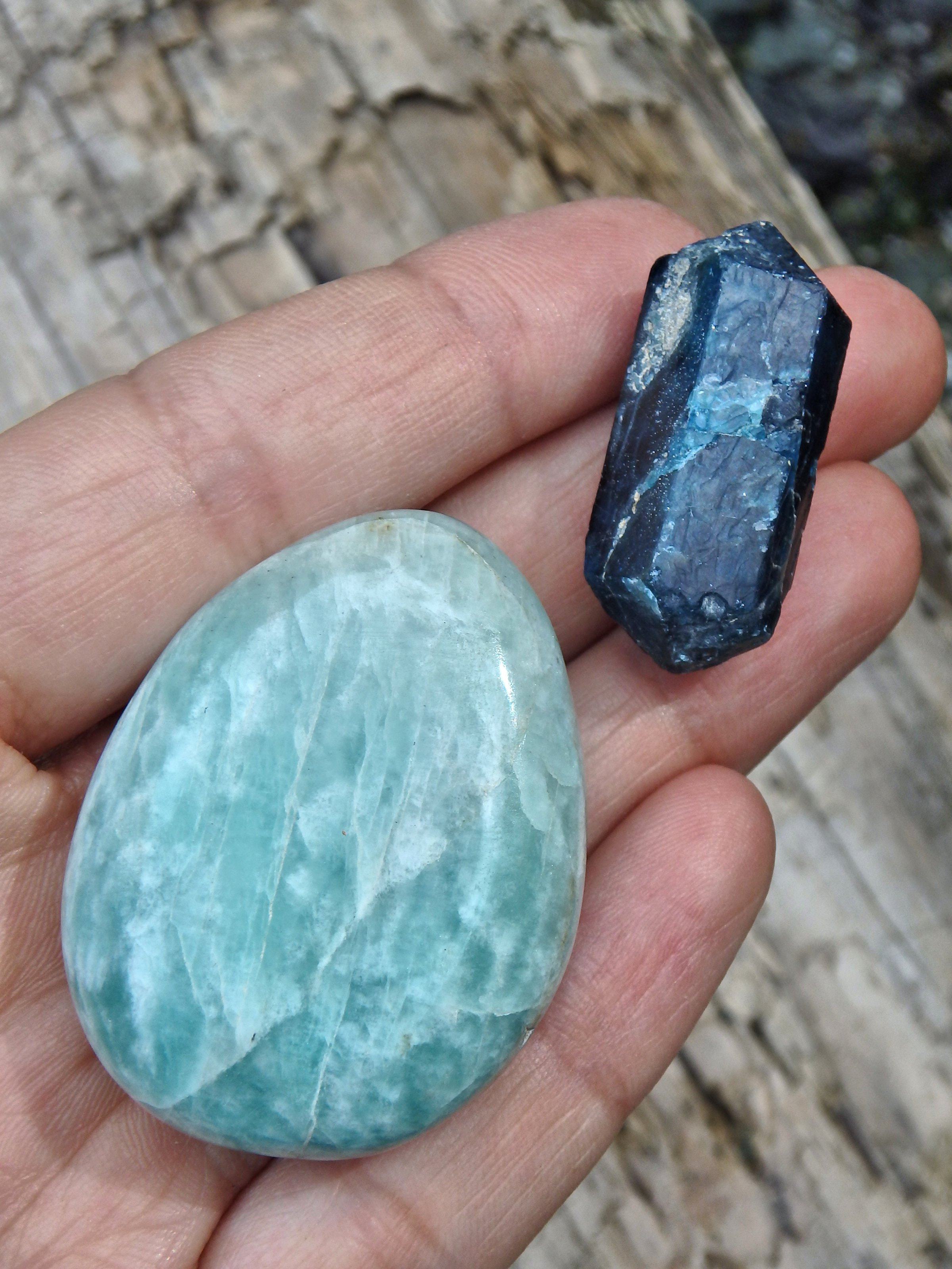 Amazonite Sweet Blue Palm Stone & Double Terminated Natural Deep Blue Apatite Set - Earth Family Crystals