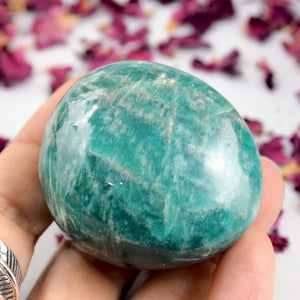 Relaxing Turquoise Waters Blue Amazonite Palm Stone - Earth Family Crystals