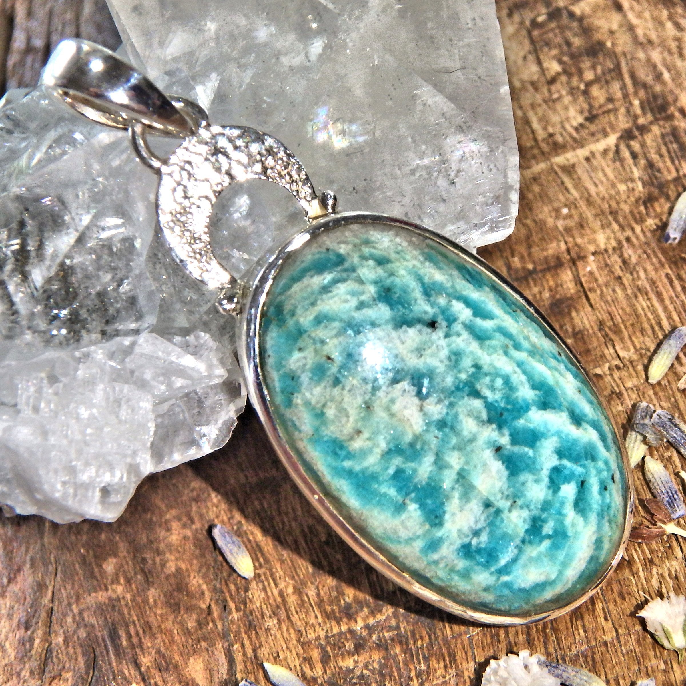 Ocean Blue Ripples Amazonite Sterling Silver Pendant (Includes Silver Chain) - Earth Family Crystals
