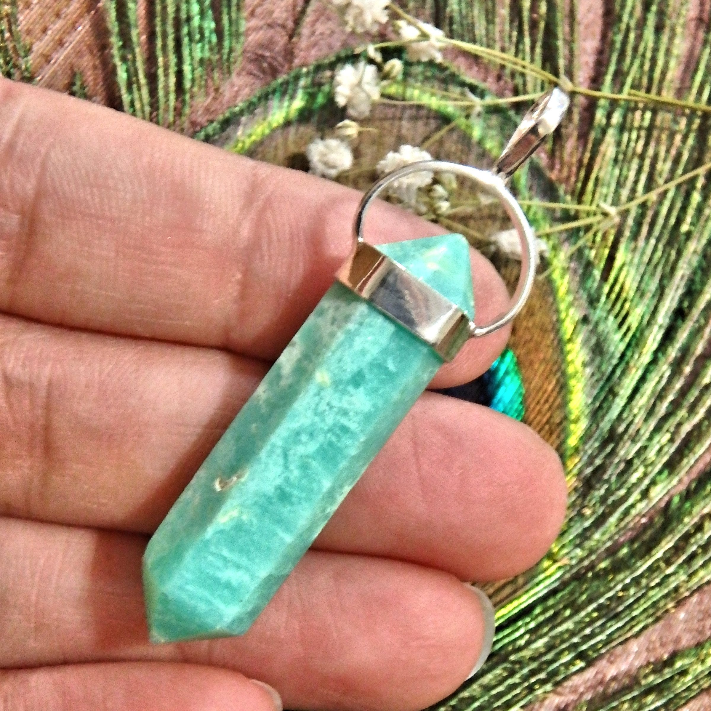 Vibrant Blue Double Terminated Amazonite Sterling Silver Pendant (Includes Silver Chain) - Earth Family Crystals