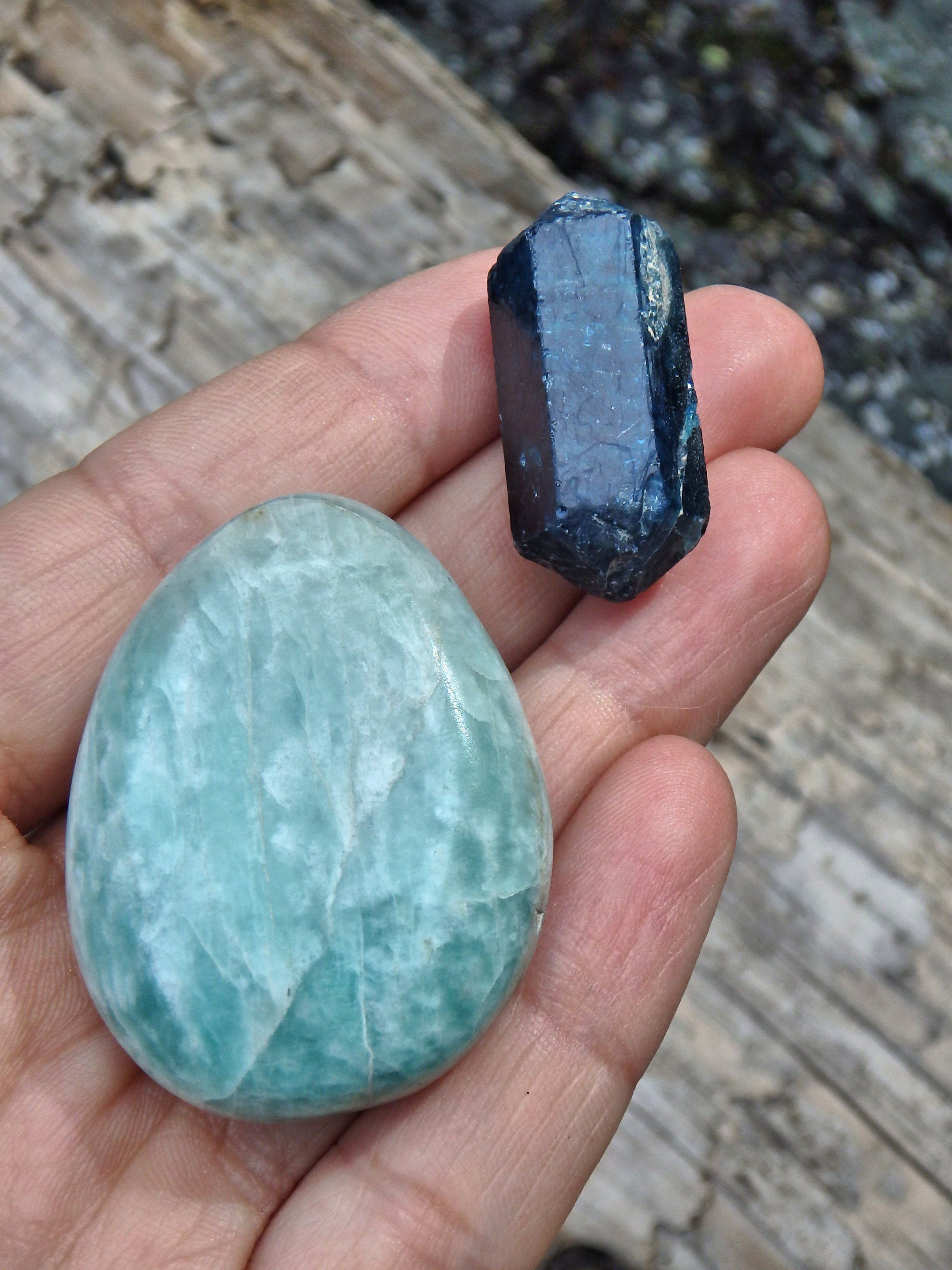 Amazonite Sweet Blue Palm Stone & Double Terminated Natural Deep Blue Apatite Set - Earth Family Crystals