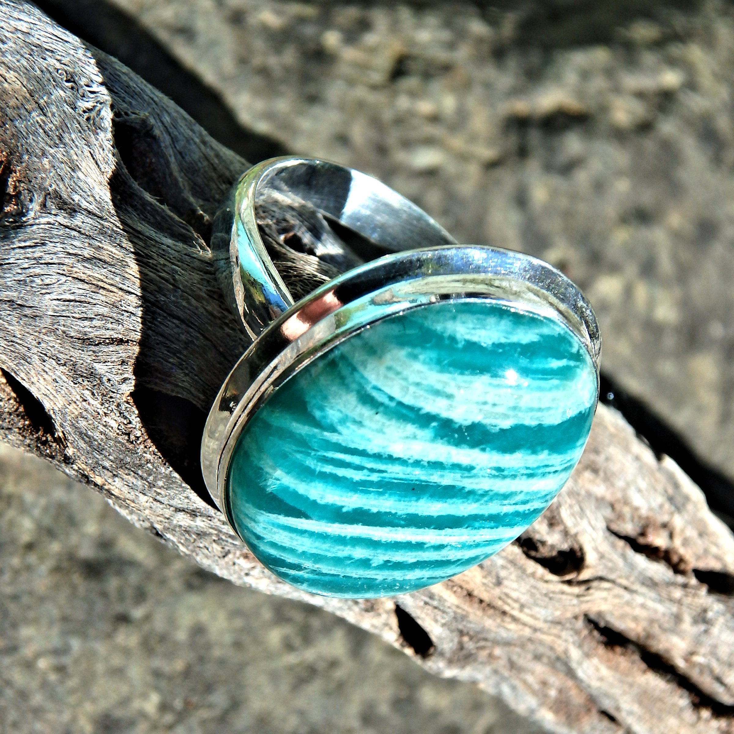 Exquisite Deep Turquoise & Zebra Stripes Amazonite Ring in Sterling Silver (Size 8.5) - Earth Family Crystals
