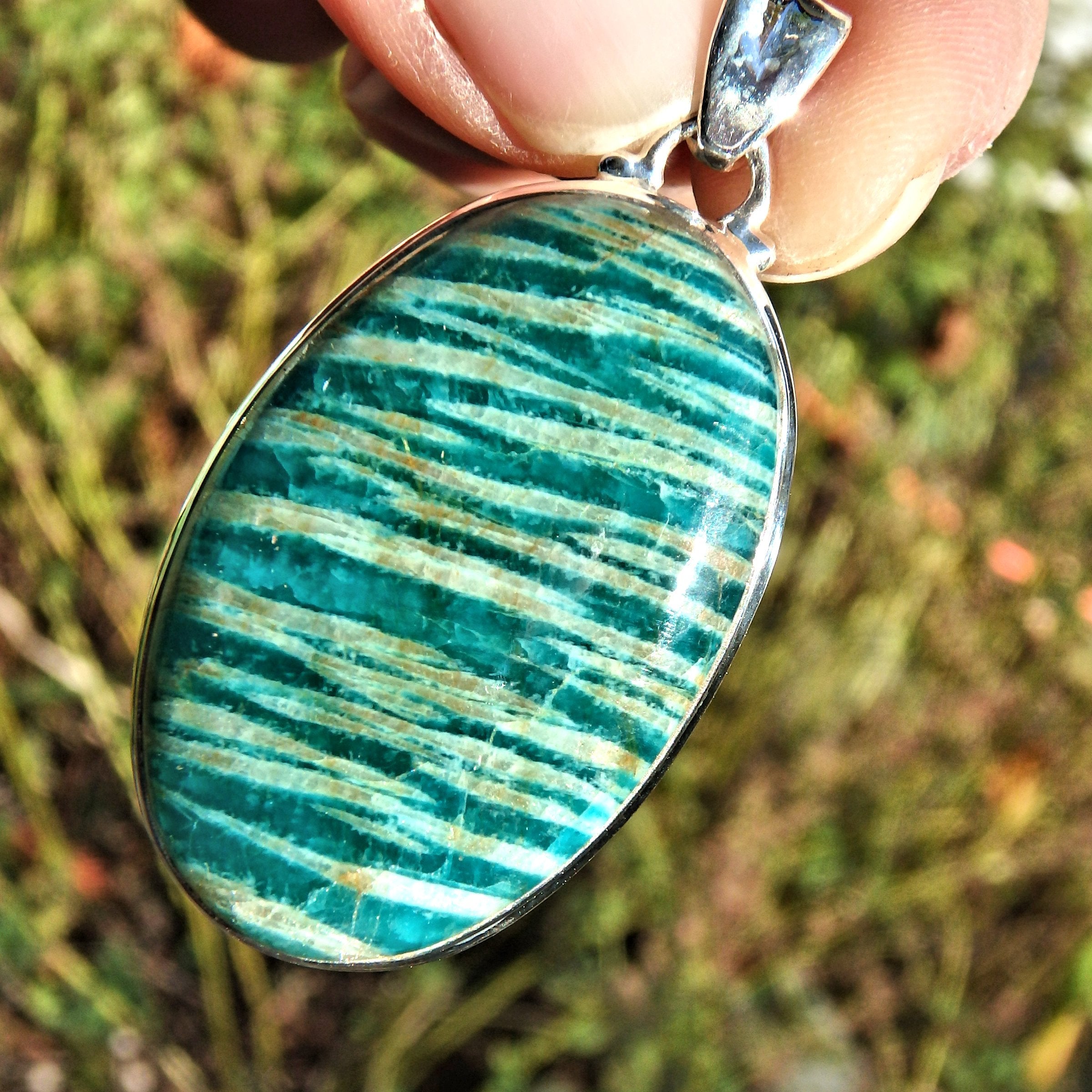 Exquisite Deep Turquoise Green & Zebra Stripes Large Amazonite  Pendant in Sterling Silver (Includes Silver Chain) - Earth Family Crystals