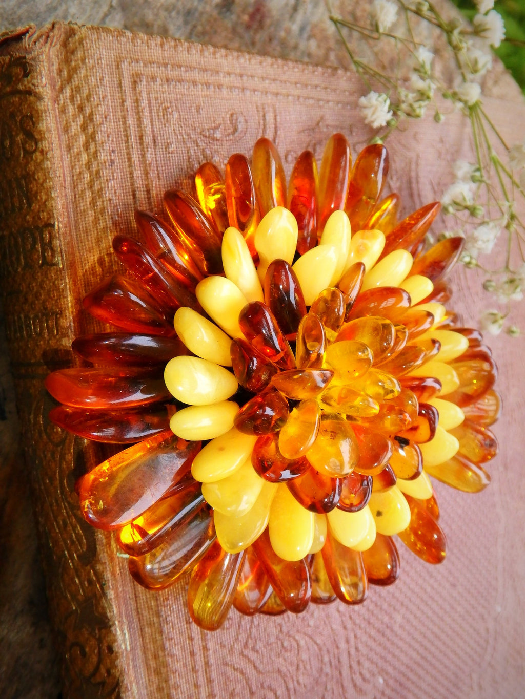 Uplifting Baltic Amber Flower Crochet Brooch 2 - Earth Family Crystals