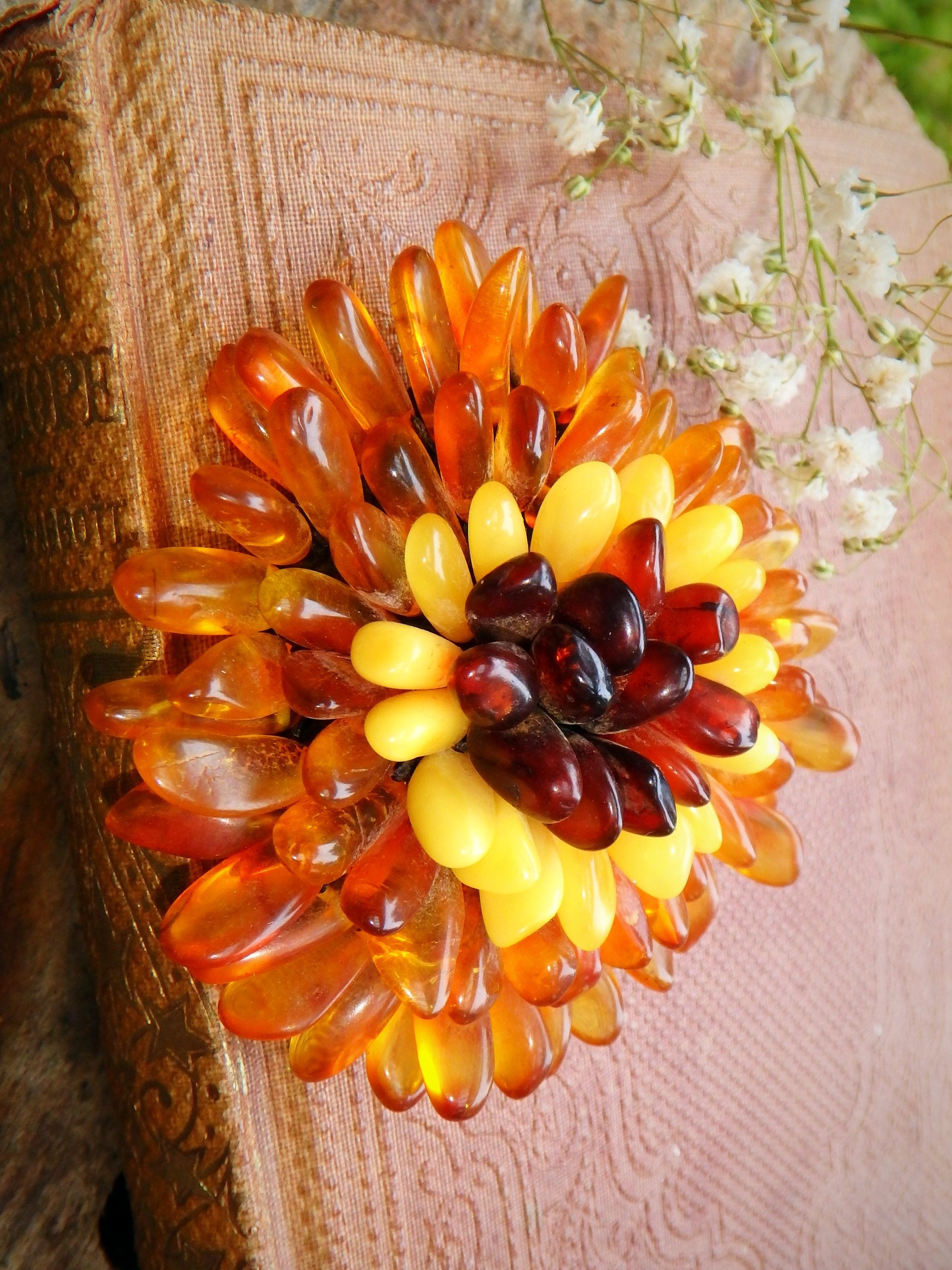 Uplifting Baltic Amber Flower Crochet Brooch 1 - Earth Family Crystals