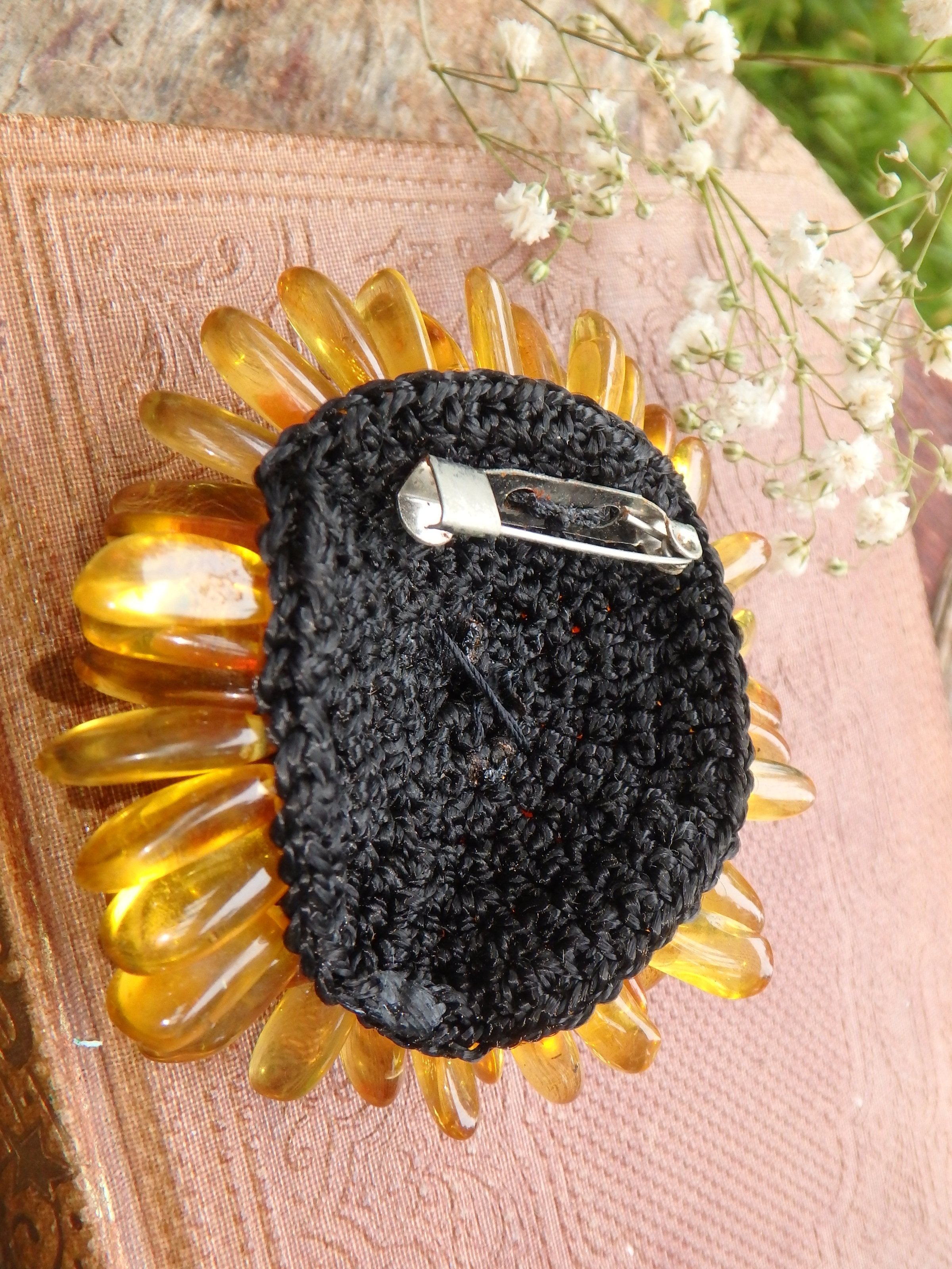 Uplifting Baltic Amber Flower Crochet Brooch 3 - Earth Family Crystals