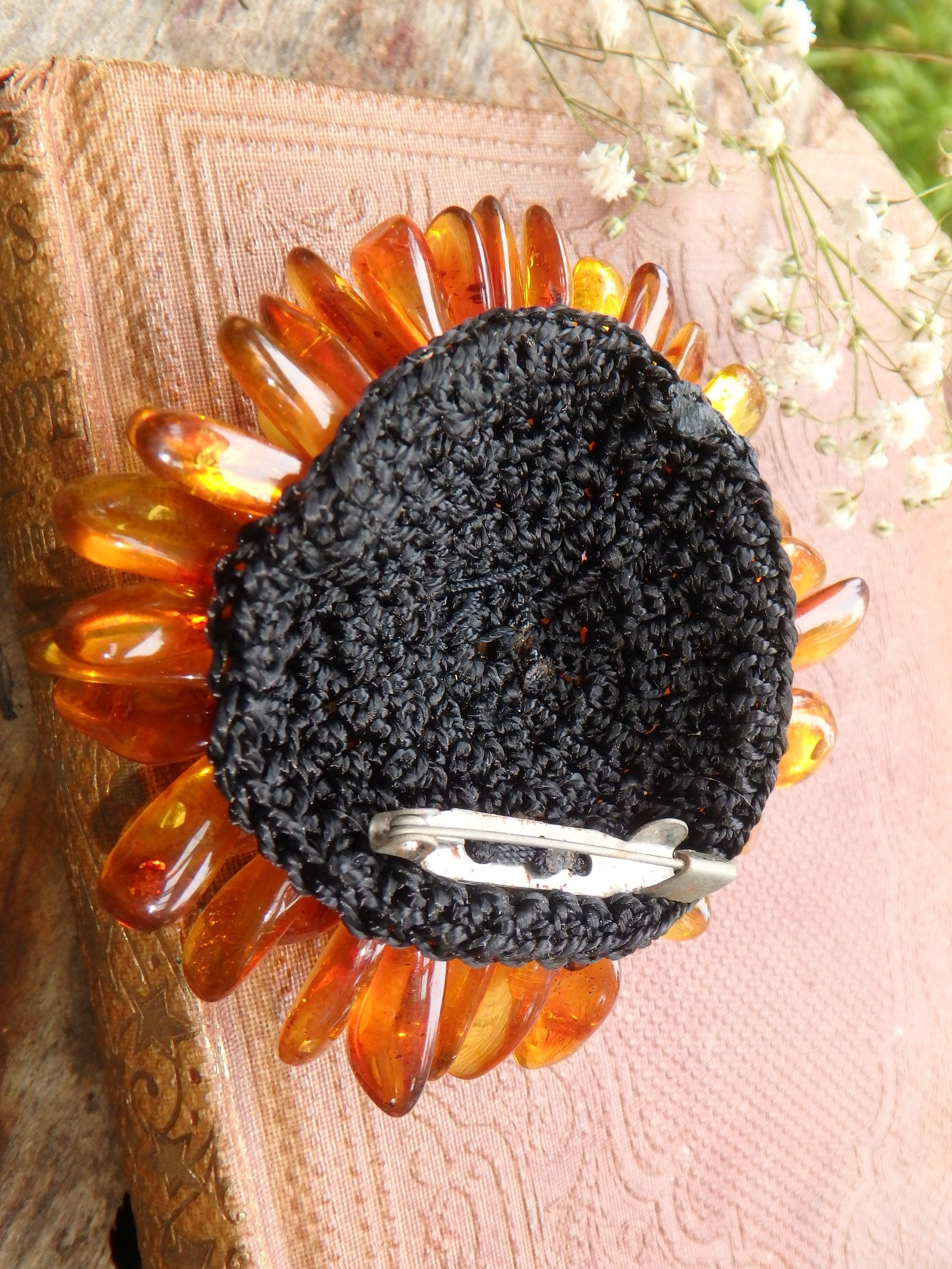 Uplifting Baltic Amber Flower Crochet Brooch 2 - Earth Family Crystals