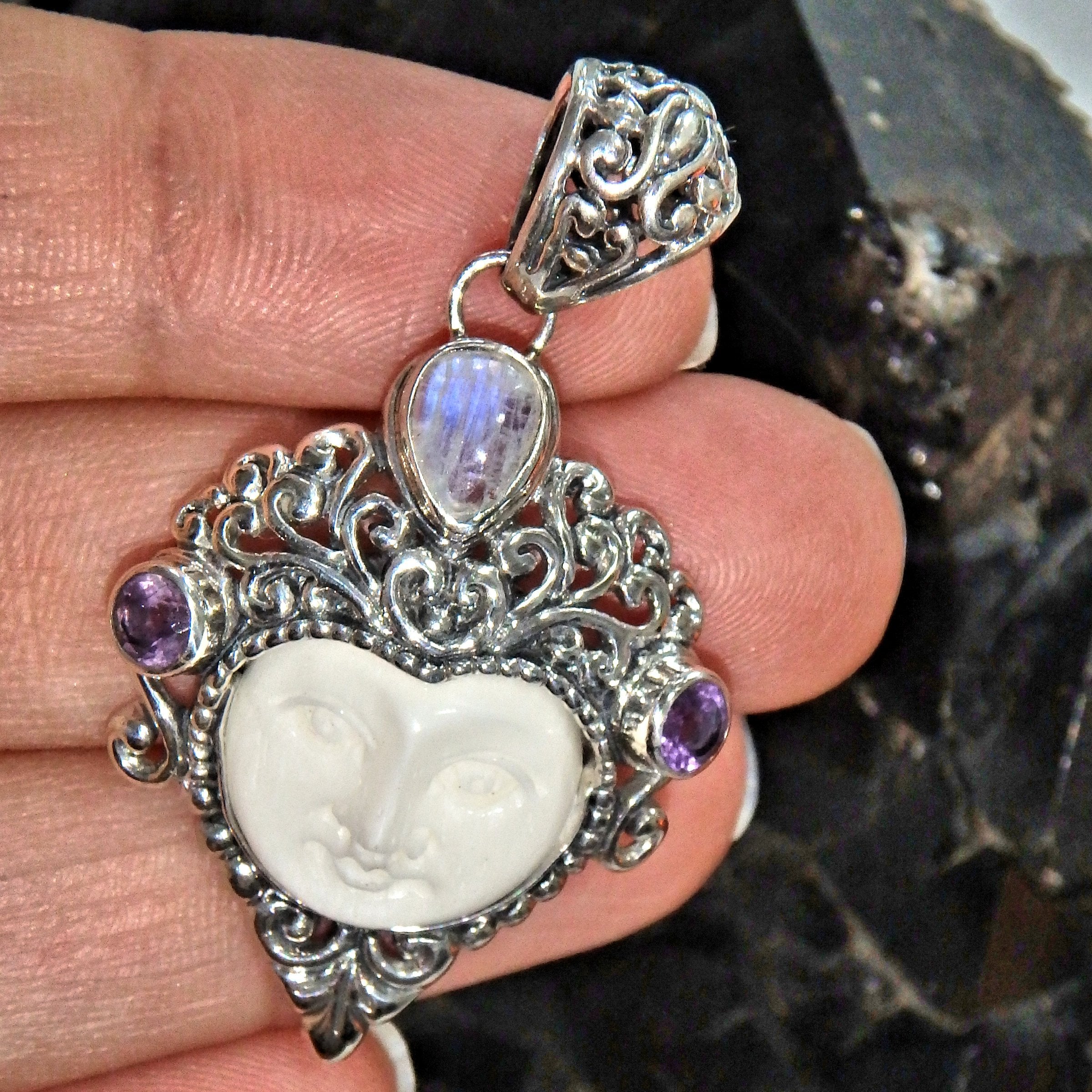 Elegant Faceted Amethyst Rainbow Moonstone Bone Face Pendant in Sterling Silver ( Includes Silver Chain) - Earth Family Crystals