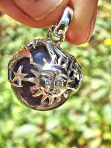 Sun,Moon & Stars Floating Amethyst Sphere Pendant in Sterling Silver (Includes Silver Chain) - Earth Family Crystals