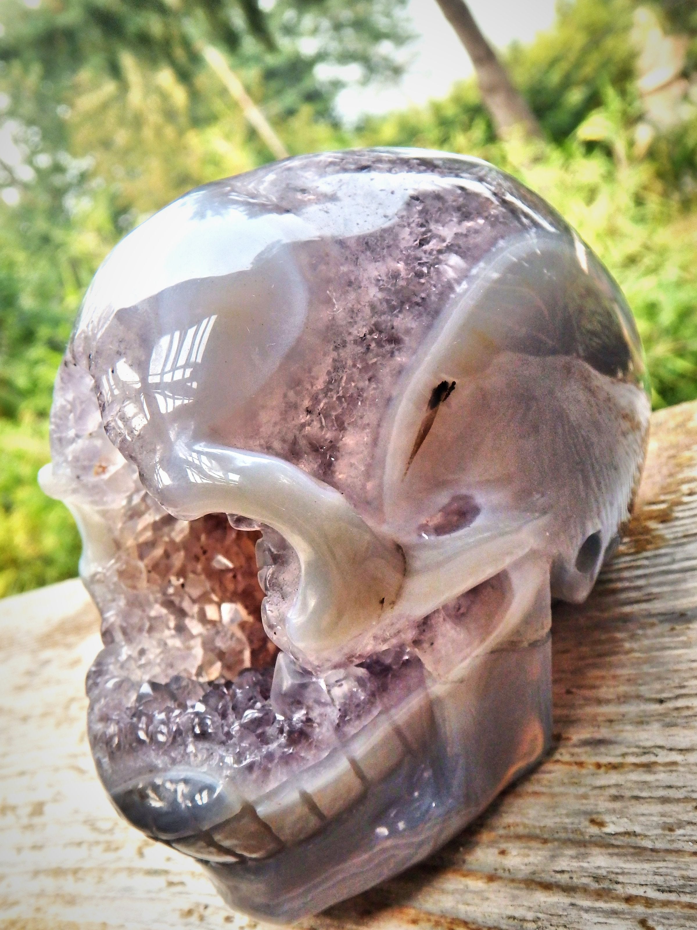 Unusual Lavender Amethyst & Blue Agate Geode Skull Carving - Earth Family Crystals