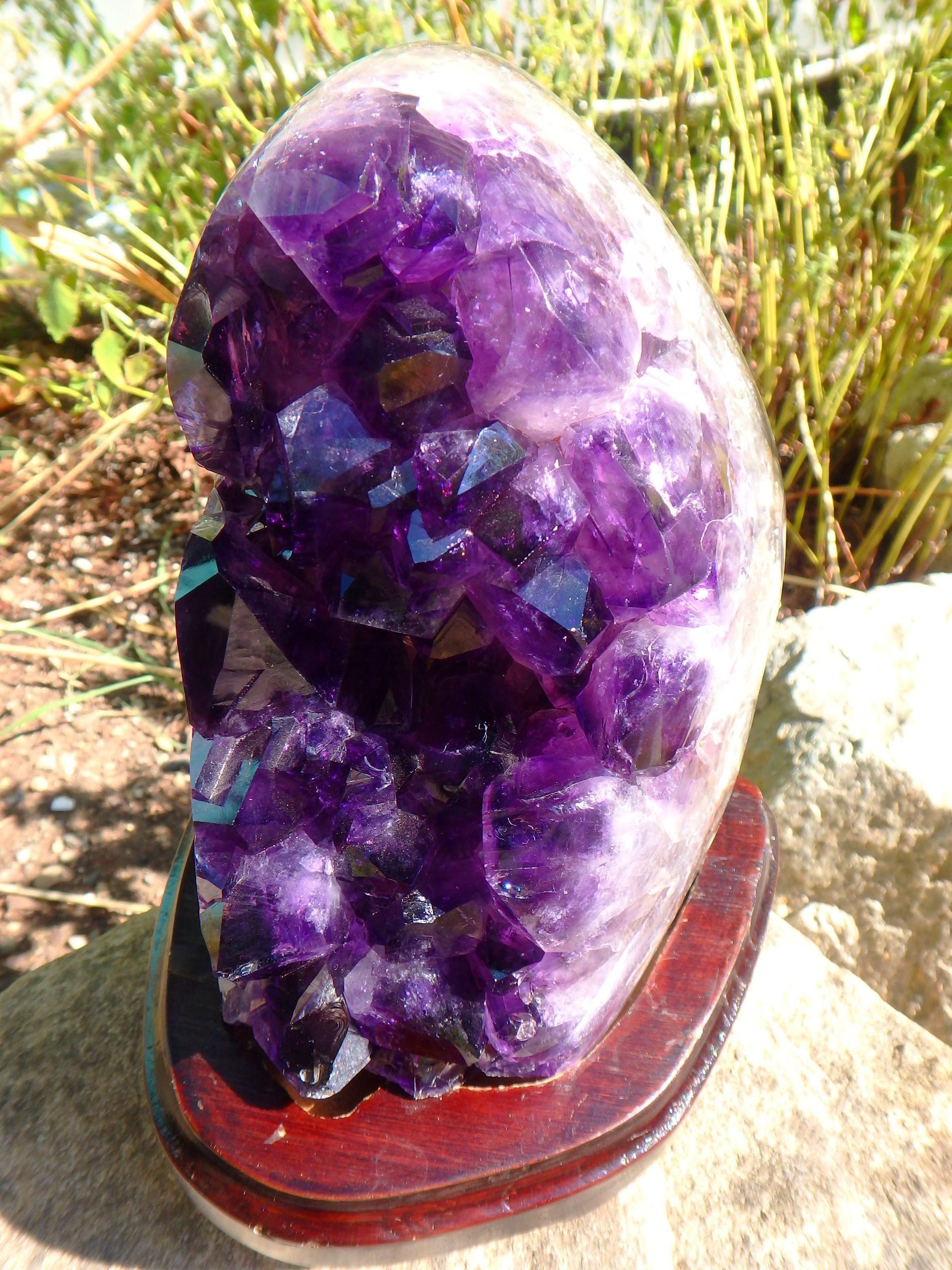 AA Grade Dark Grape Jelly Purple Amethyst Specimen Display Specimen on Removable Wood Stand - Earth Family Crystals