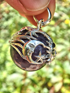 Sun,Moon & Stars Floating Amethyst Sphere Pendant in Sterling Silver (Includes Silver Chain) - Earth Family Crystals