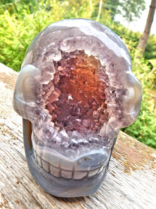 Unusual Lavender Amethyst & Blue Agate Geode Skull Carving - Earth Family Crystals