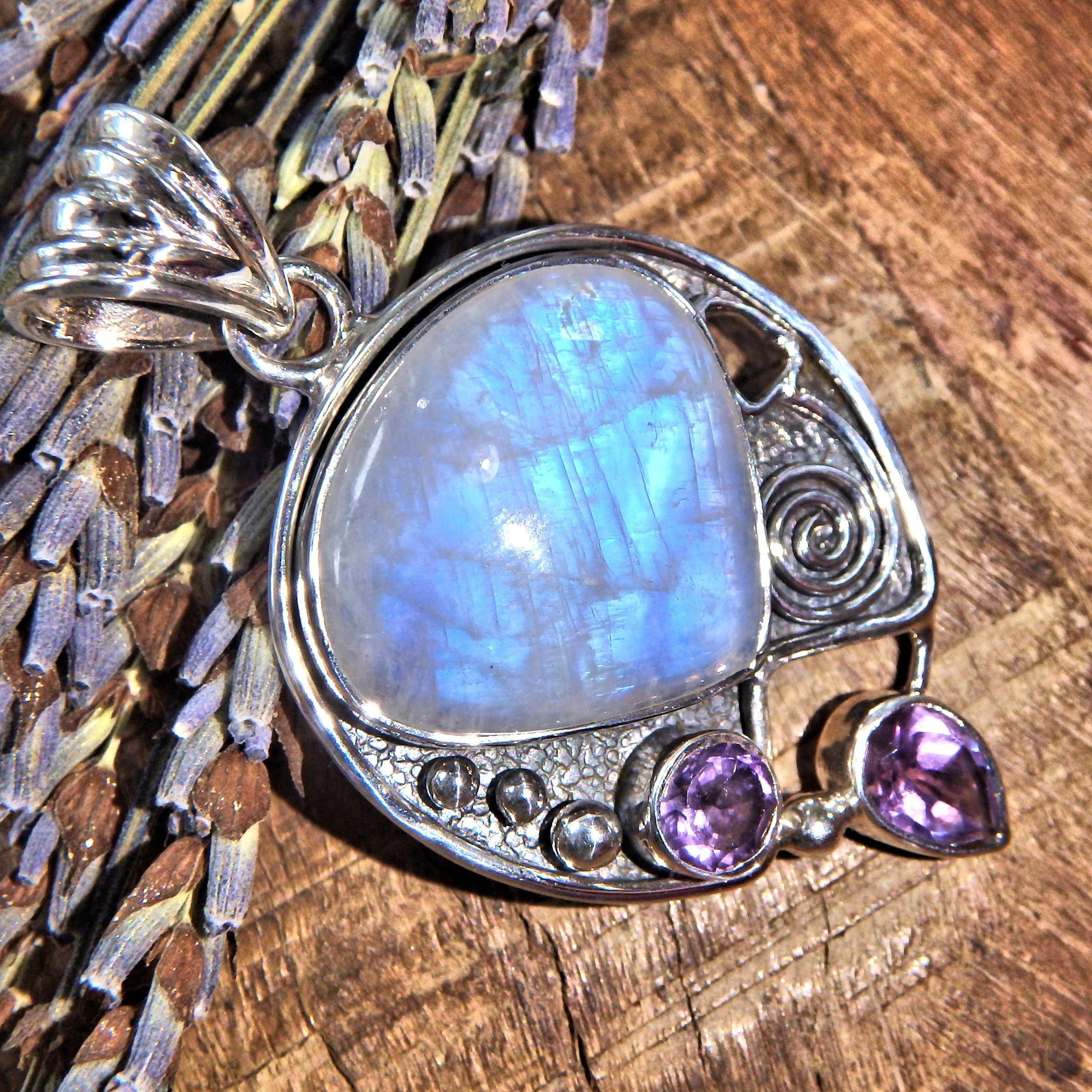 Divine Faceted Amethyst & Rainbow Moonstone Sterling Silver Pendant (Includes Silver Chain) 8 - Earth Family Crystals