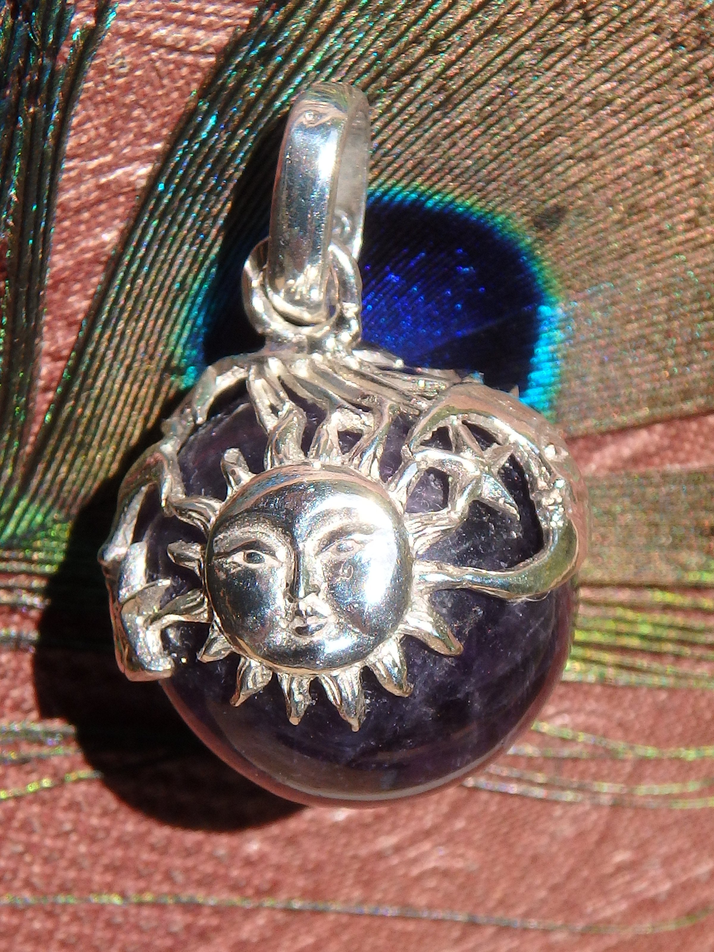 Sun,Moon & Stars Floating Amethyst Sphere Pendant in Sterling Silver (Includes Silver Chain) - Earth Family Crystals