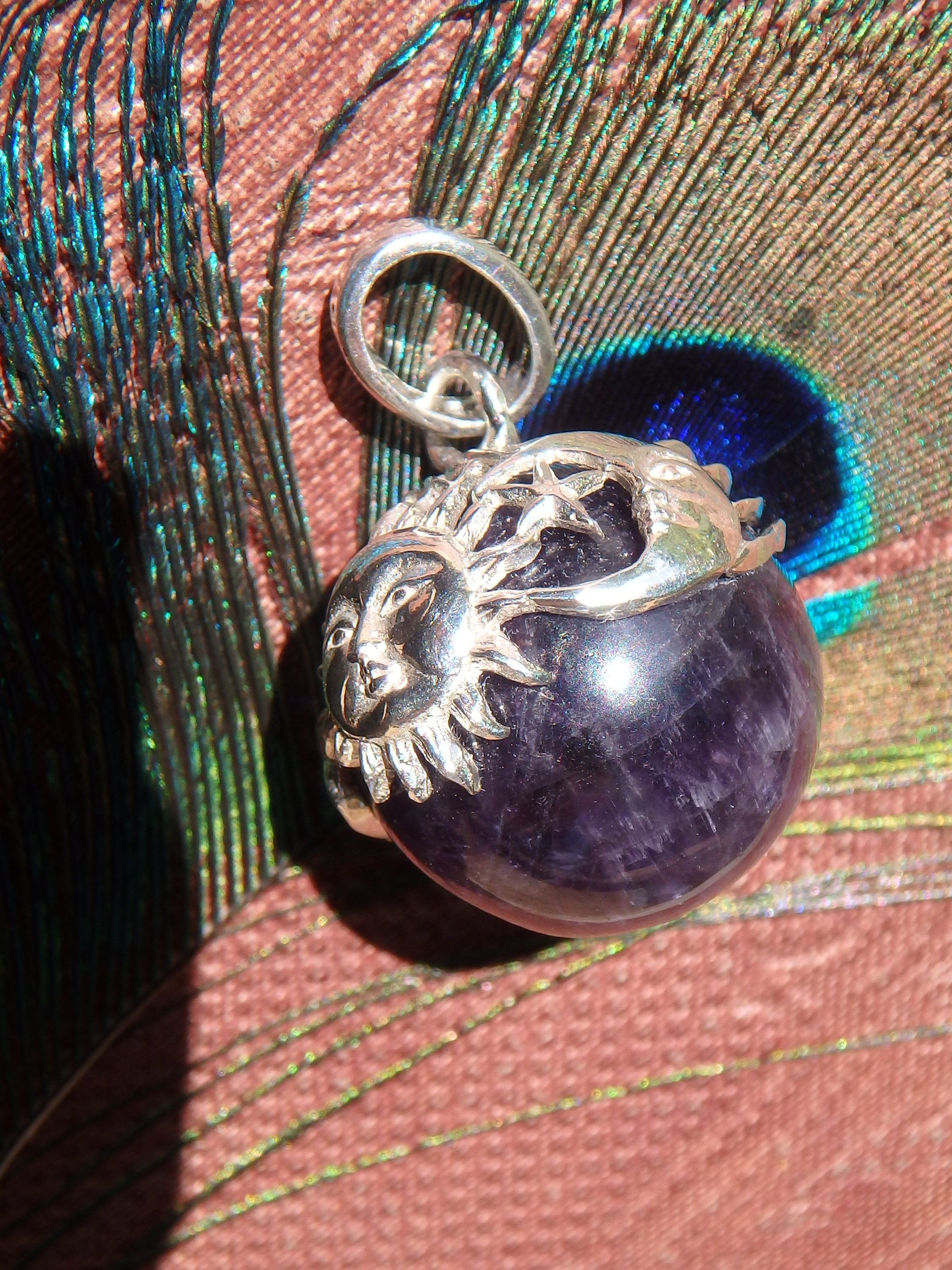 Sun,Moon & Stars Floating Amethyst Sphere Pendant in Sterling Silver (Includes Silver Chain) - Earth Family Crystals