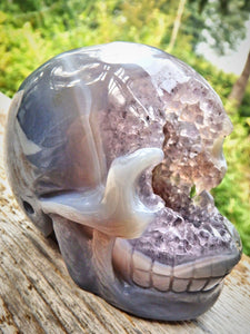 Unusual Lavender Amethyst & Blue Agate Geode Skull Carving - Earth Family Crystals