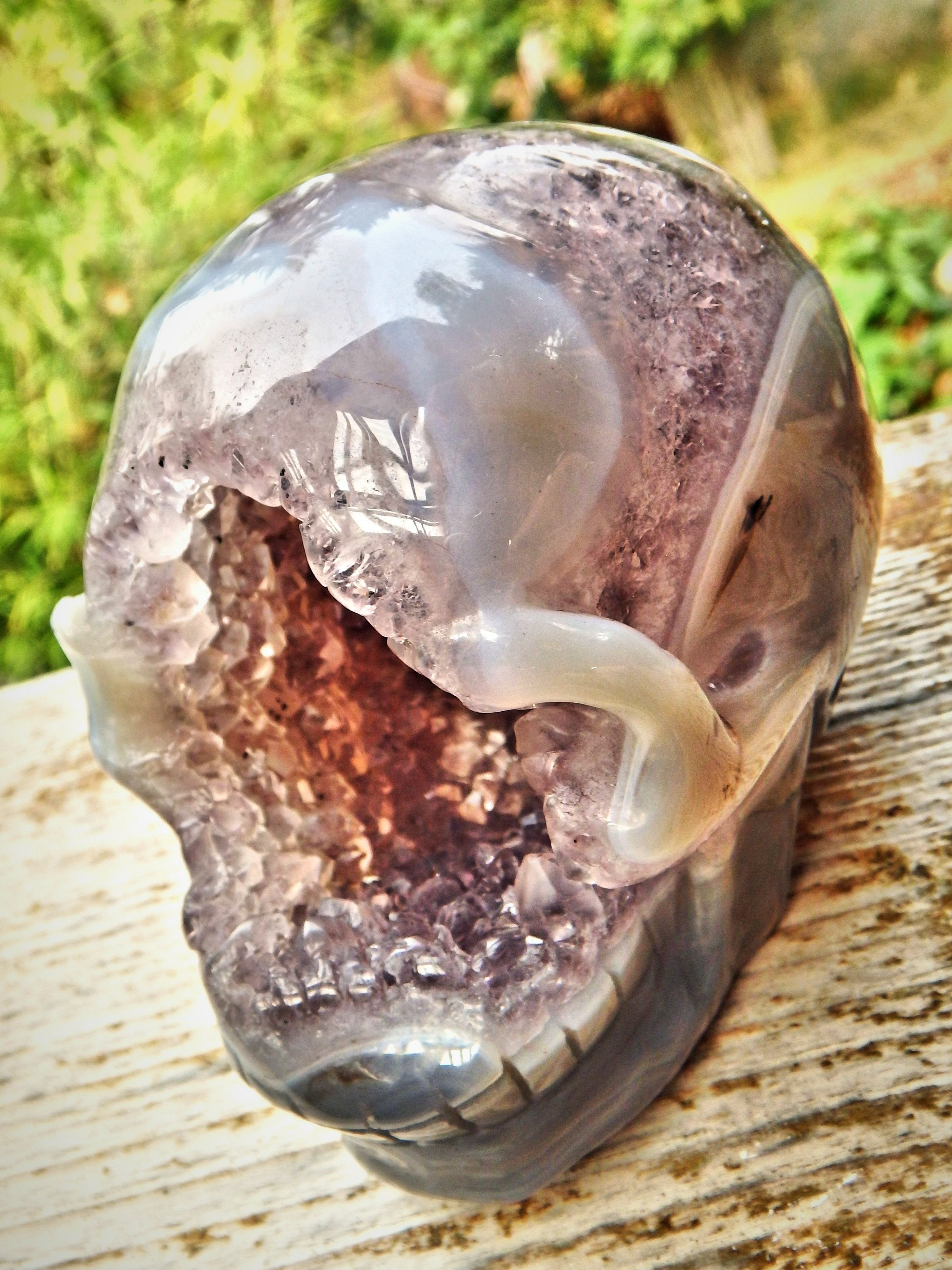 Unusual Lavender Amethyst & Blue Agate Geode Skull Carving - Earth Family Crystals